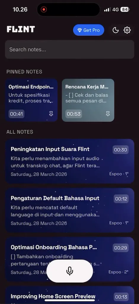 Flint app showing notes with clear weather