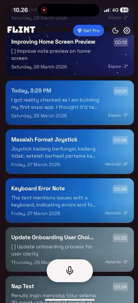 Flint app showing notes with cloudy weather